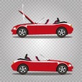 Vector set of broken cartoon red cabriolet sport car before and after accident isolated Royalty Free Stock Photo