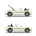 Vector set of broken cartoon white cabriolet sport car before and after crash isolated on white
