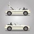 Vector set of broken cartoon white cabriolet sport car before and after accident isolated