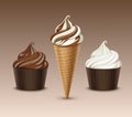 Vector set of Brown Chocolate White Classic Soft Serve Ice Cream Waffle Cone and Brown Carton Cup Close up Isolated on Royalty Free Stock Photo