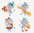 Vector set bulls or cows, flat cartoon animals for holiday cards, posters and home decorations, cute characters with for Royalty Free Stock Photo