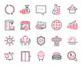 Vector Set of Business icons related to Lift, Market seller and World time. Vector
