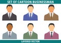 Vector set of business man in suits of different races isolated on white. Business people in black, blue, brown, green.