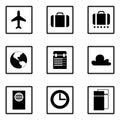 Vector. Set of business travel icons. Plane, suitcase, luggage, earth, map, calendar, cloud, passport, clock, time, tickets.