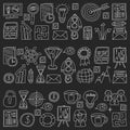 Vector set of bussines icons in doodle style chalk on black background. Royalty Free Stock Photo