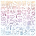 Vector set of bussines icons in doodle style. painted by penon a piece of paper in cage.