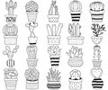 Vector set of cactus cacti aloe succulent plants with face in pot. Collection of doodle black white hand drawn exotic houseplant. Royalty Free Stock Photo