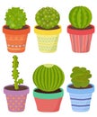 Vector set of cactus cacti aloe succulent plants in pot. Collection of flat styled hand drawn exotic houseplant.