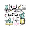 Vector set with cactuses, positive phrases, elements. Royalty Free Stock Photo