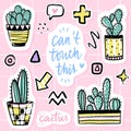 Vector set with cactuses, positive phrases, elements. Cute vector cactus Royalty Free Stock Photo