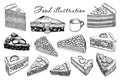 A set of sketches of cakes, food, cheesecakes. Collection of sweet dishes