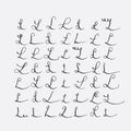 Vector set of calligraphic letters L, handwritten with pointed nib, decorated with flourishes and decorative elements. Isolated on