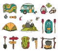 Vector set of camping and hiking objects in doodle style. Tourist equipment. Outdoor recreation. Summer adventure