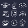 Vector set of camping logos. Tourism emblems or badges. Signs collection of outdoor adventures with Indian elements. Royalty Free Stock Photo