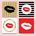 Vector set of cards with lipstic kisses in frames, stripes, dots. Red, Golden,Black, White. Royalty Free Stock Photo