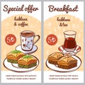 Vector set of cards for special menu offer of turkish dessert baklava