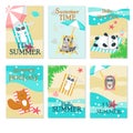 Cute animals taking rest on beach vector card set Royalty Free Stock Photo