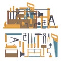 Vector set of carpenter tools and instruments in flat style. Home construction repair.