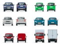 Vector set cars front and rear view. Sedan, off-road, compact, cargo truck, blank delivery minivan vehicles. Template