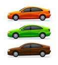 Vector set of cars Isolated on white background. Side view. Sedan. The green electric car, orange and brown auto, and Royalty Free Stock Photo