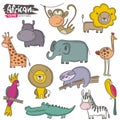 Vector set of cartoon African animals. Colorful jungle collection