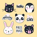 Vector set with cartoon animals - bear, panda, bunny, penguin, cat.