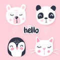 Vector set with cartoon animals - bear, panda, bunny, penguin, cat.