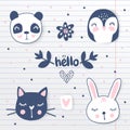 Vector set with cartoon animals - cute panda, bunny, penguin, cat.