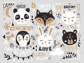 Vector set with cartoon animals - fox, bear, panda, bunny, penguin, cat, cute phrases and elements. Royalty Free Stock Photo