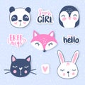 Vector set with cartoon animals - bear, panda, bunny, penguin, cat and cute phrases.