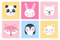 Vector set with cartoon animals - panda, bunny, teddy bear, cat, fox, penguin. Funny series animals. Adorable cute