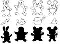 Vector set of cartoon animals with their shadows. Set for children play.