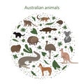 Vector set of cartoon Australian animals with leaves flowers and spots in a circle. Quoll, redback spider, kiwi, numbat