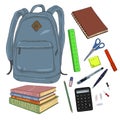 Vector Set of Cartoon Backpack and School Supplies