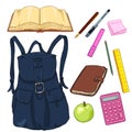 Vector Set of Cartoon Backpack and School Supplies