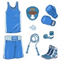 Vector Set of Cartoon Boxing Equipment. Helmet, Uniform, Gloves, Hand Wrapes, Mouthpiece and Shoes Royalty Free Stock Photo