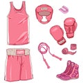 Vector Set of Cartoon Boxing Equipment. Helmet, Uniform, Gloves, Hand Wrapes, Mouthpiece and Shoes Royalty Free Stock Photo