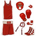 Vector Set of Cartoon Boxing Equipment. Helmet, Uniform, Gloves, Hand Wrapes, Mouthpiece and Shoes Royalty Free Stock Photo