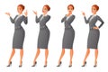 Vector set of cartoon business formal dressed woman in different poses on white background: showing ok sign gesture, talk