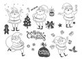 Vector set of cartoon Christmas characters and objects. Hand drawn illustration of Santa Claus in different actions and other New