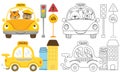 Vector set of cartoon city traffic element with cute bear and tiger on taxi, coloring book or page