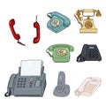 Vector Set of Cartoon Color Telephones and Handsets. Collection of Phones