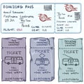 Vector Set of Cartoon Tickets for Plane, Bus, Tram and Trolley Bus