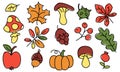 Vector set of cartoon colored doodles on the theme of autumn leaves, vegetables, fruits. Autumn nature, objects and Royalty Free Stock Photo