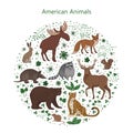 Vector set of cartoon cute American animals with leaves flowers and spots in a circle. Raccoon, fox, jaguar, squirrel