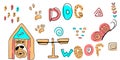 Vector set of cartoon cute dog and lettering in Scandinavian style on a white background. Set with dogs for kids. Dogs Royalty Free Stock Photo