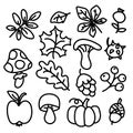 Vector set of cartoon doodles on the theme of autumn leaves, vegetables, fruits. Autumn nature, objects and symbols Royalty Free Stock Photo