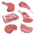 Vector set of cartoon food. Collection of stylized raw meat. Sliced assortment of fresh meat. Pork steaks and tenderloin Royalty Free Stock Photo