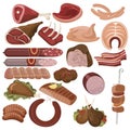 Vector set of cartoon food. Collection of stylized raw meat. Sliced assortment of fresh meat. Pork steaks and tenderloin Royalty Free Stock Photo