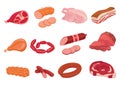 Vector set of cartoon food. Collection of stylized raw meat. Sliced assortment of fresh meat. Pork steaks and tenderloin Royalty Free Stock Photo